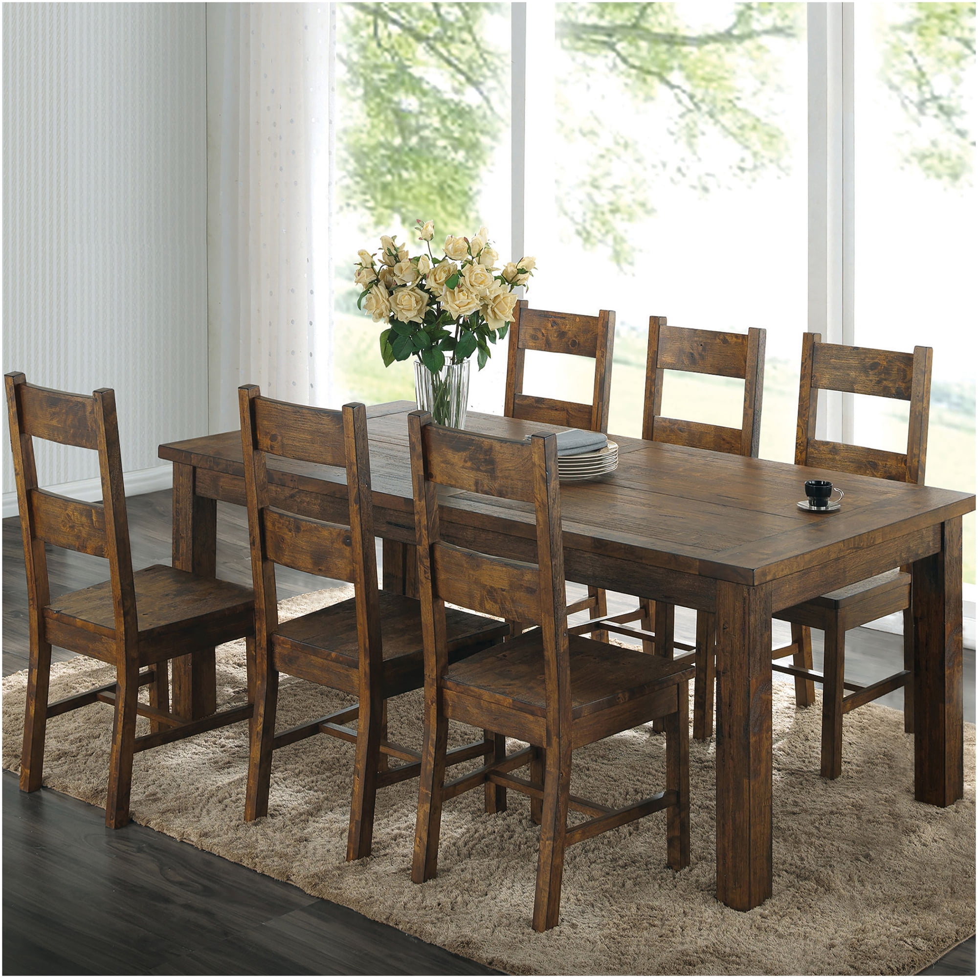 JERFIT 7-Piece Farmhouse Dining Set Rustic Brown Wood Table with 6 Ladder Back Chairs for Kitchen Dining Room