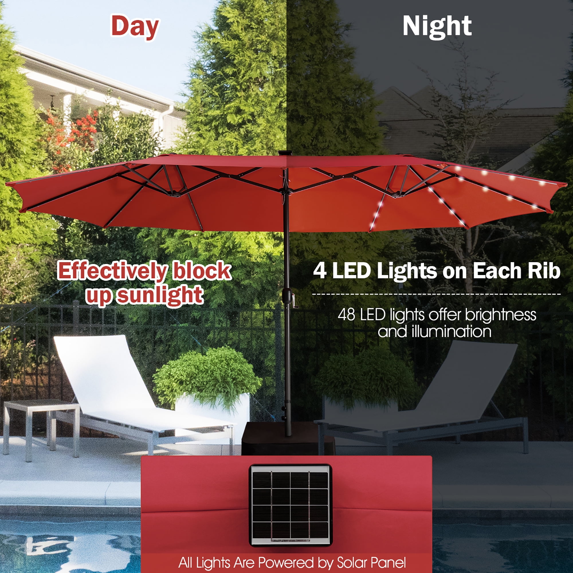 Gymax 15Ft Solar LED Patio Outdoor Double-Sided Umbrella w/ 48 Lights Crank Burgundy