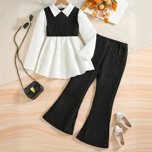 Tfken Outfit Set For Children Girls Collared Leisure Patchwork Pit Stripe Top Pant Outfits Sets Black Size 9-10 Years