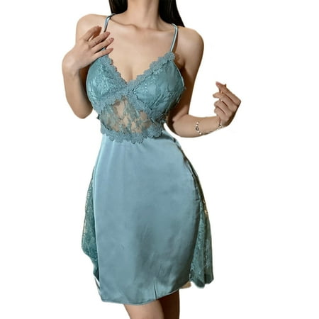 Ltctricy Women s Nightgown Lace Hollow out V Neck Satin Slip Dress Lingerie Comfy Soft Chemise Pajama Dress