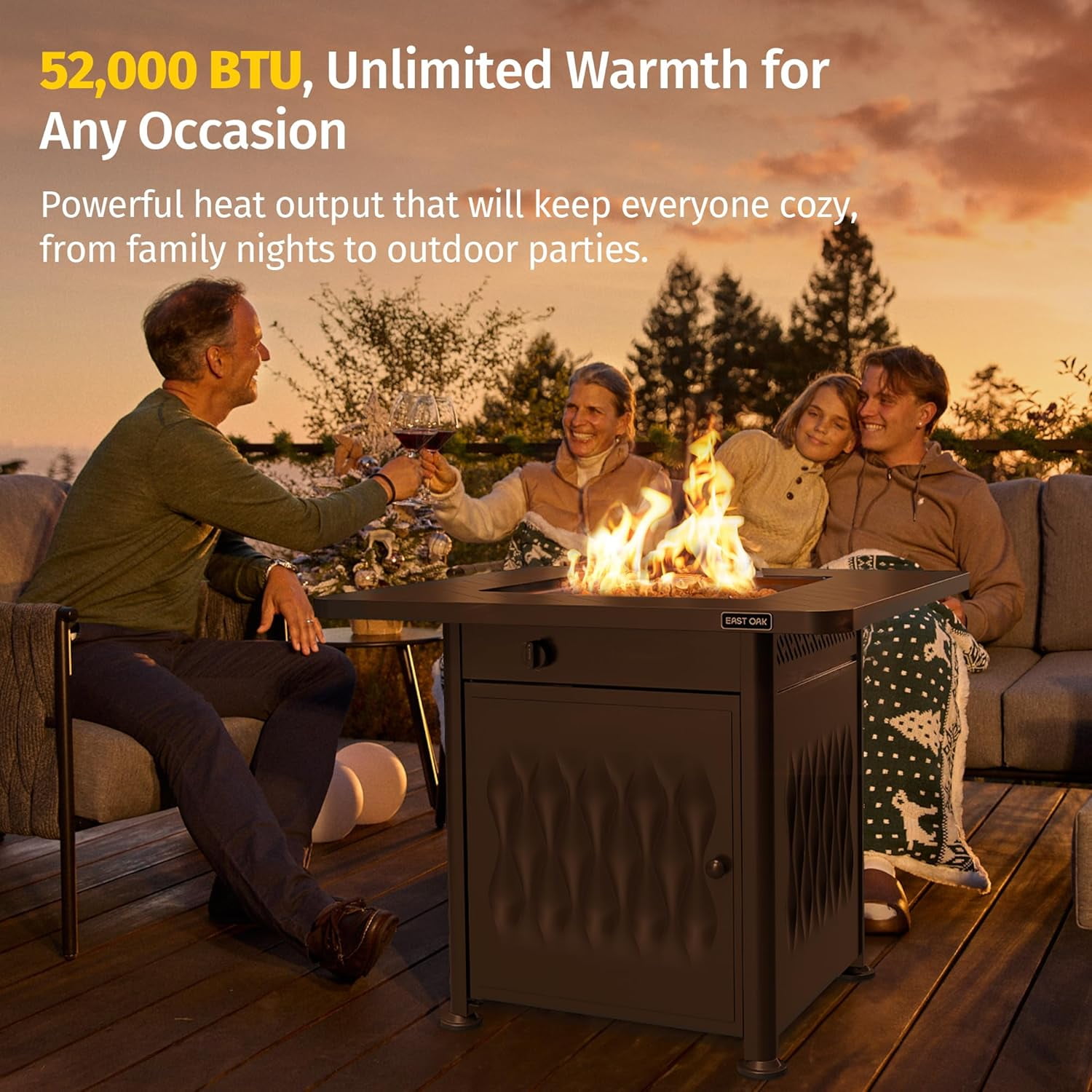 EAST OAK 28" 52000 BTU Propane Gas Fire Pit Table for Outside with Magnetic Lid Storage Basket & Lava Rocks CSA Certified for Patio, Chocolate Brown