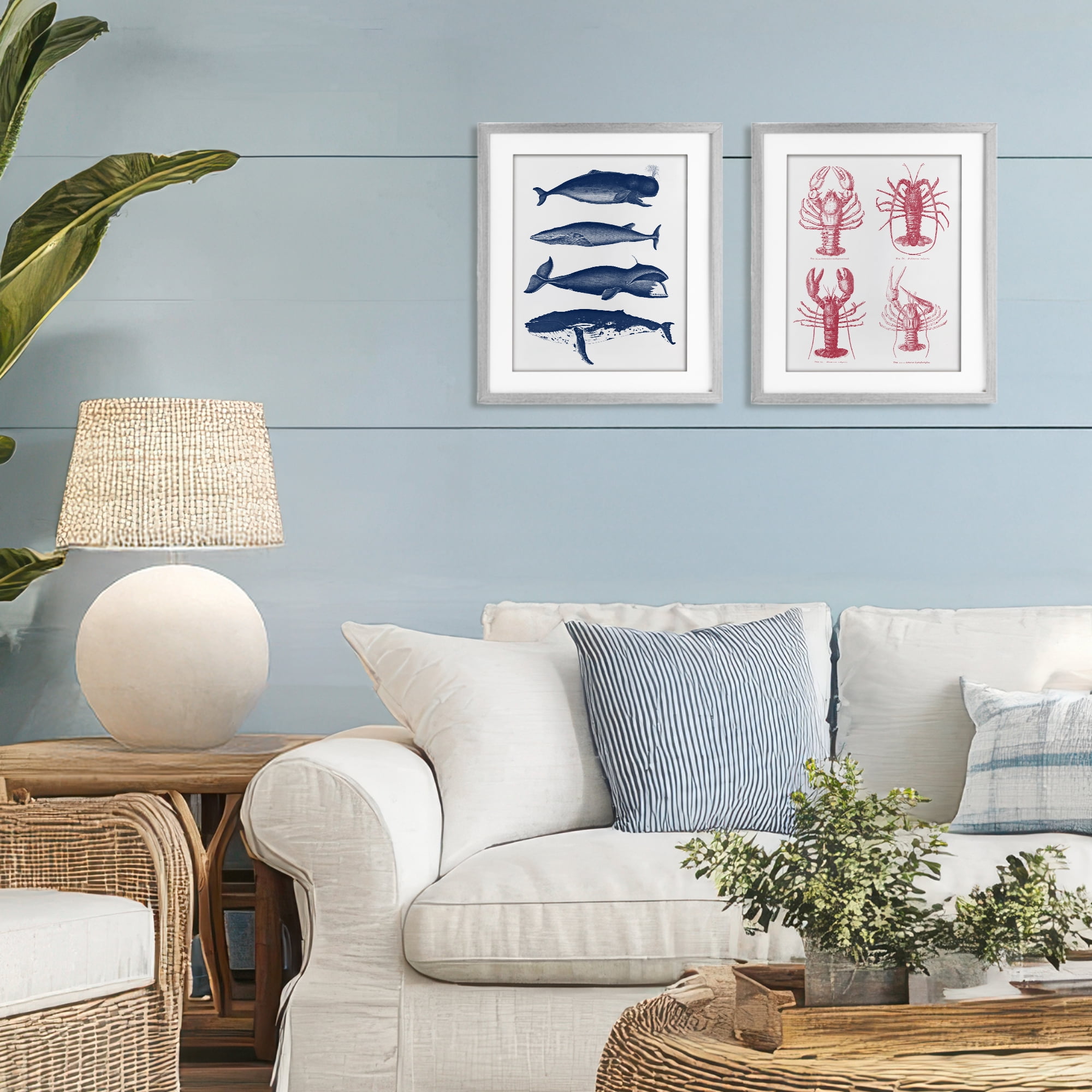 Marine Whales & Lobsters 2 Piece Gray Framed Print Under Glass Set, design by Lettered and Lined