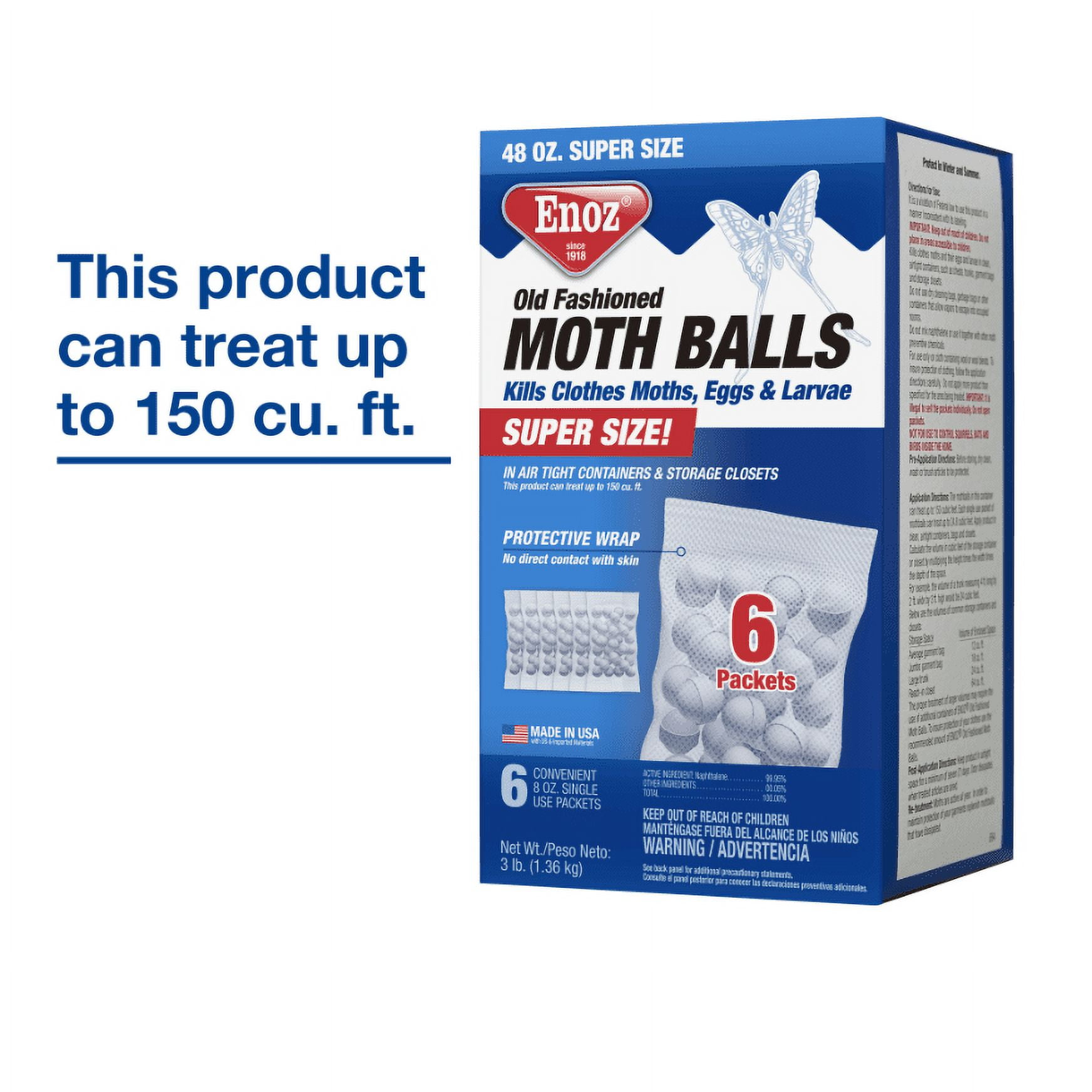 Enoz Old Fashioned Moth Balls, Naphthalene Balls, 6 Single-Use Packets, 48 oz, 3 Pack
