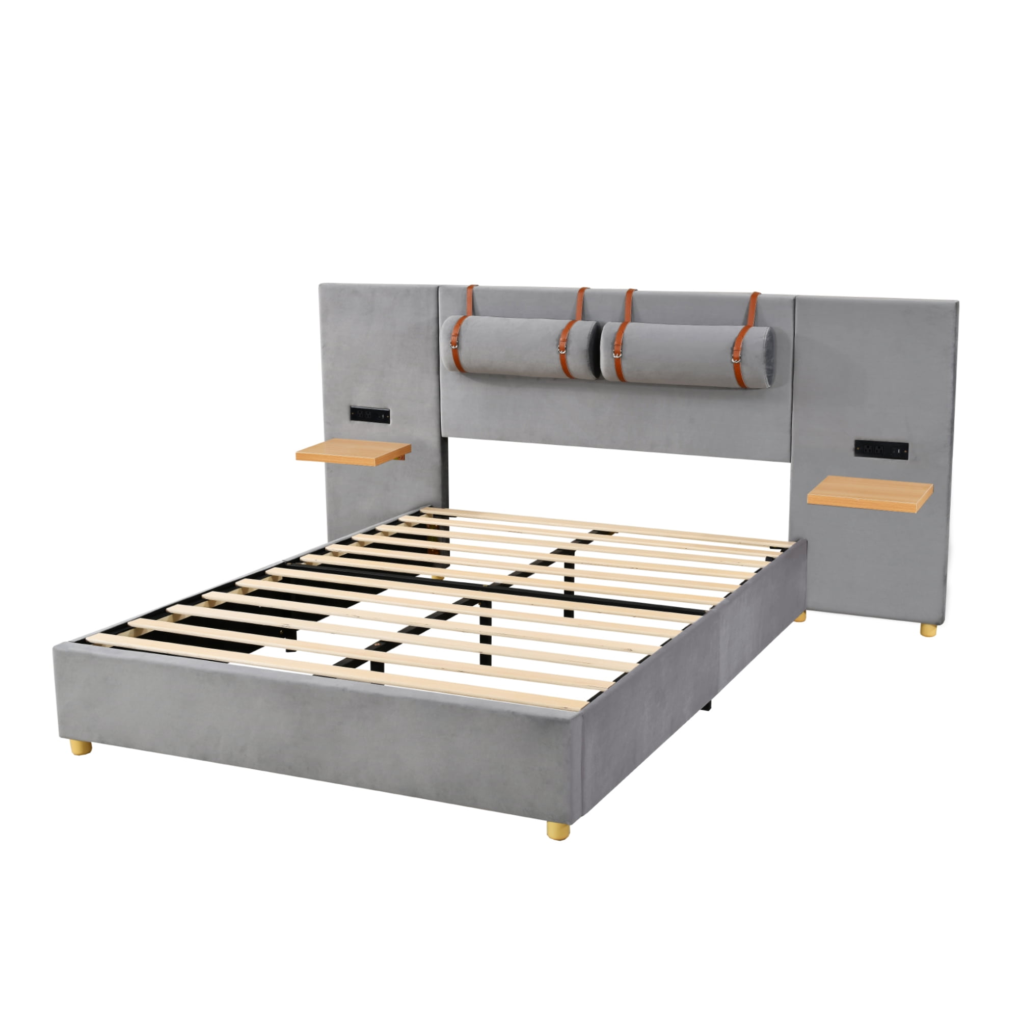 Euroco Upholstered Queen Size Platform Bed with Storage Shelves, USB Charging Station and Pillows, Gray