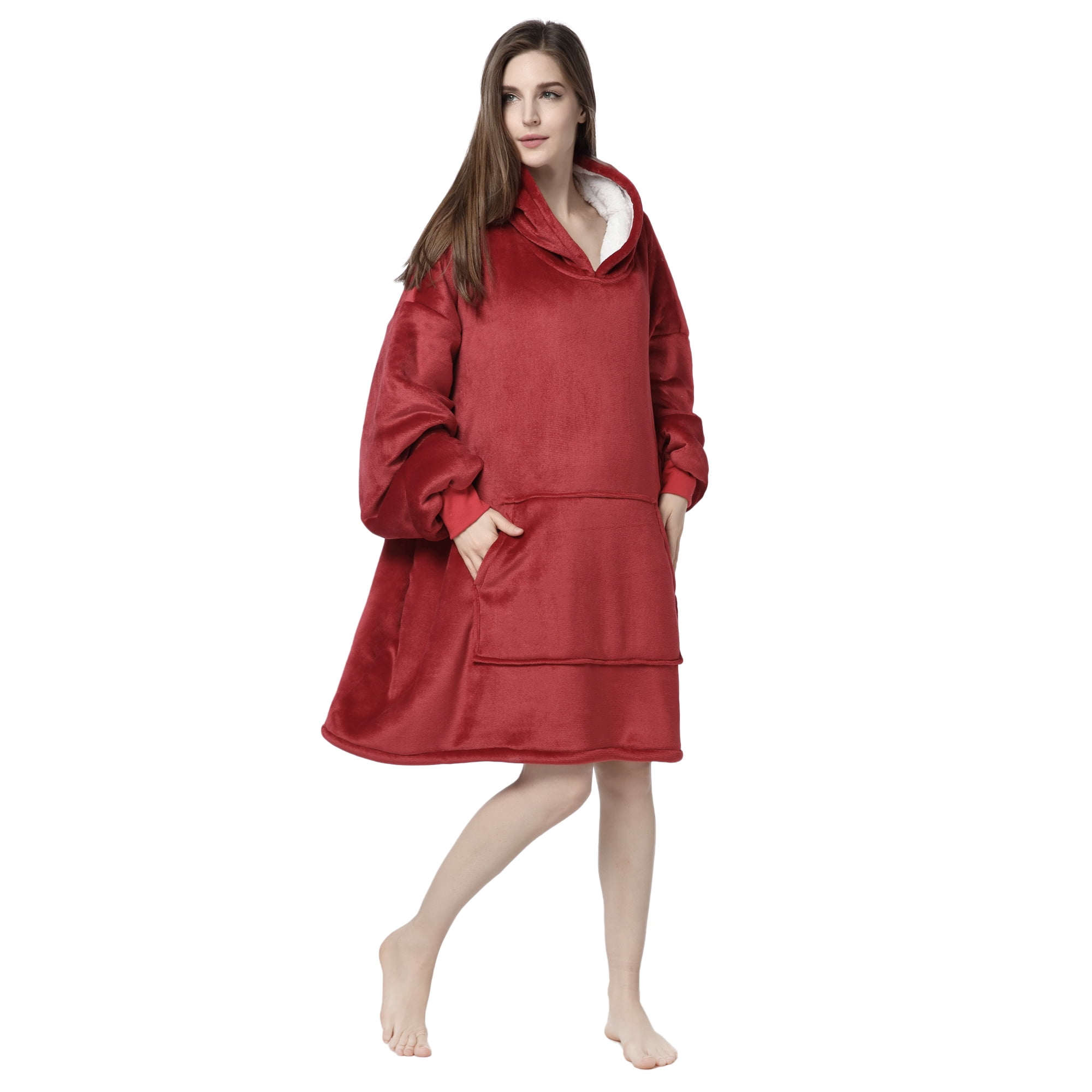 Wearable Blanket Hoodie, Oversized Sherpa Fleece Sweatshirt Blanket with Giant Hood Pocket and Sleeves for Adult, Warm & Cozy Grey Blanket