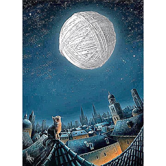 Pintura de diamantes FLhrweasw Kitty Yarn Ball Moon Cuadro de pared cuadrado 30x40cm