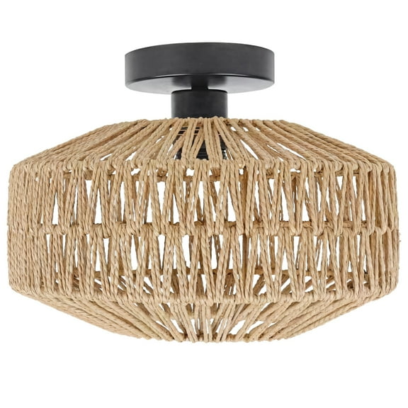 Rattan Ceiling Light Fixture, Vintage Industrial Style, Handwoven Natural Rattan with Hexagonal Shade, Ceiling Mount for Living Room, Dining Room, Bedroom, 11.8in / 30 cm