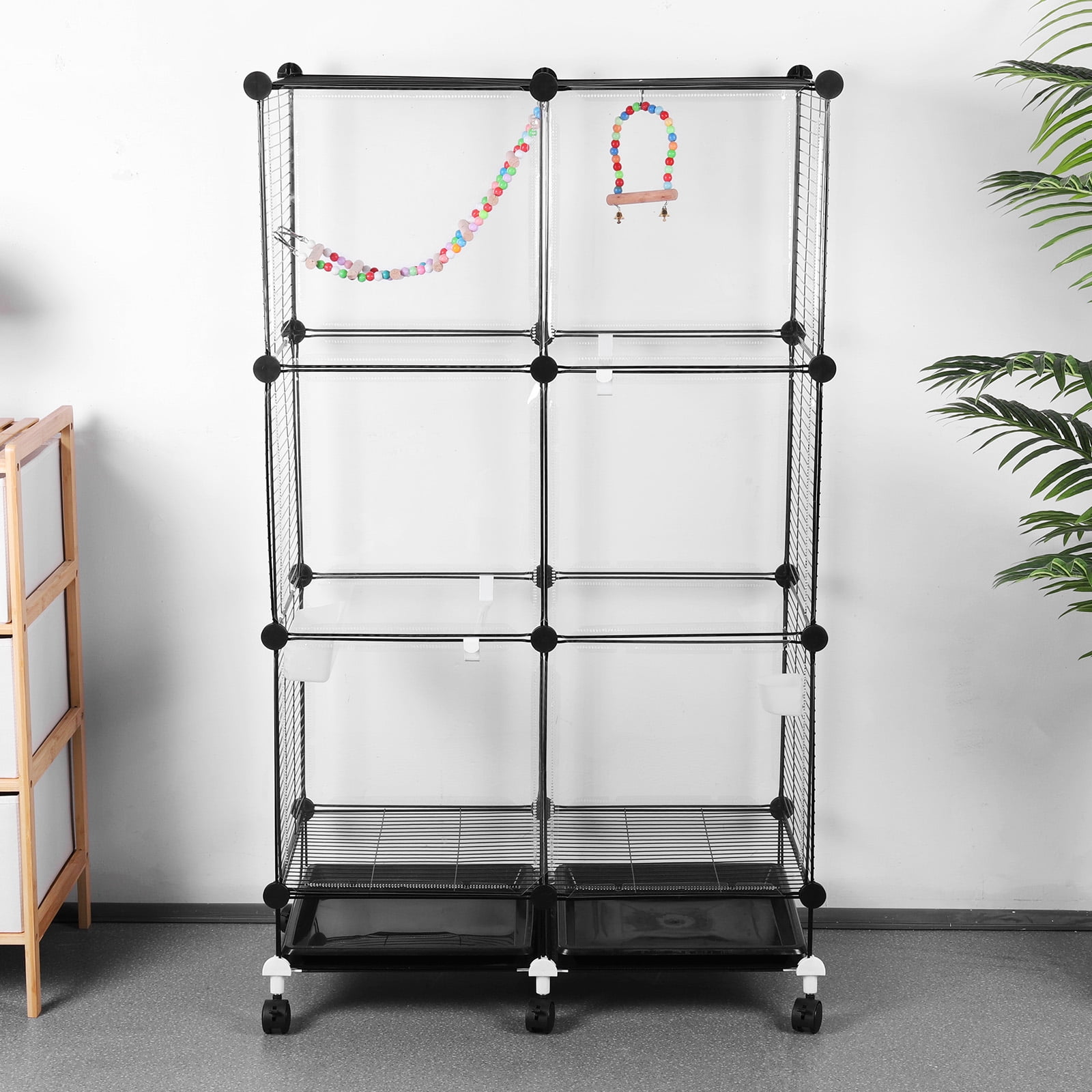 golytefs Bird Cage Universal Wheel Metal Parrot Cage with Stand Tray Swing Ladder (Black)