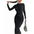 thumbnail image 3 of Women'S Fall Long Sleeve Bodycon Maxi Dresses Ruched Crew Neck Slim Fit Cocktail Party Dress Black L, 3 of 9