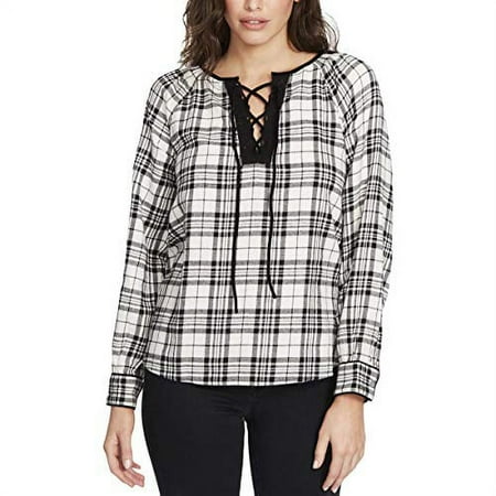 William Rast Meg Plaid Lace-up Top (Black White Combo, L)