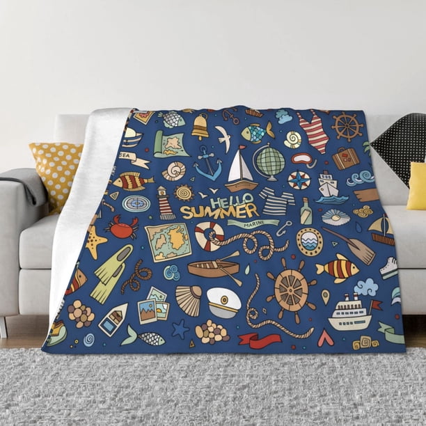 Balery Marine Nautical Manta de Franela con Dibujo, Lujo Ultra Suave y Cálido, Antipelusa y Resistente a las Arrugas para Cama, Sofá, Camping -80"x60"