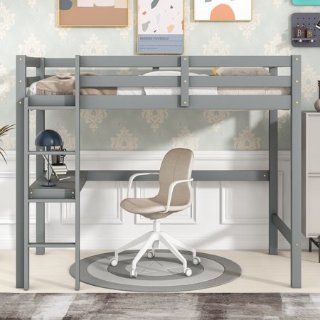 Twin Solid Wood Loft Bed with Desk, Multifunctional Loft Bed with Desk, Ladder, Wooden Loft Bed with Storage, Kids Loft Bed with Ladder, No Box Spring Needed(Grey)
