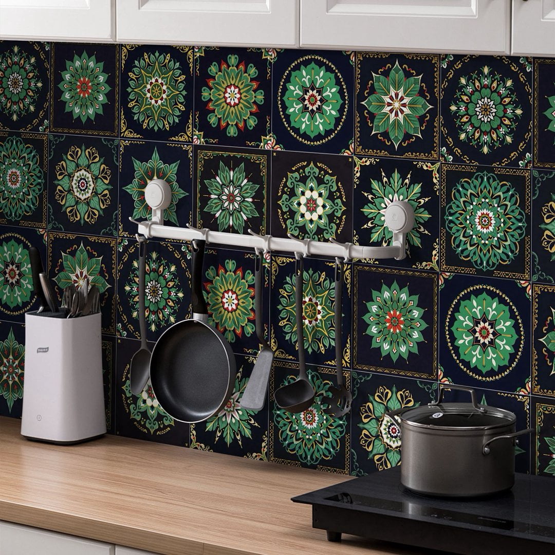 24 Pcs Peel and Stick Tile Sticker Backsplash 7.87" x 7.87" Black Green Vinyl Wall Stickers Self Adhesive Waterproof DIY Decor Kitchen Decals