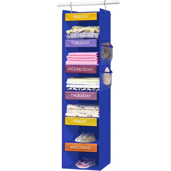 Weekly Clothes Organizer for Kids, 6-Shelf Hanging Closet Organizer with Colorful Labels, Space Saving Design with 2 Pockets, Daily Hanging Closet Shelves for Kids Room Storage, Blue