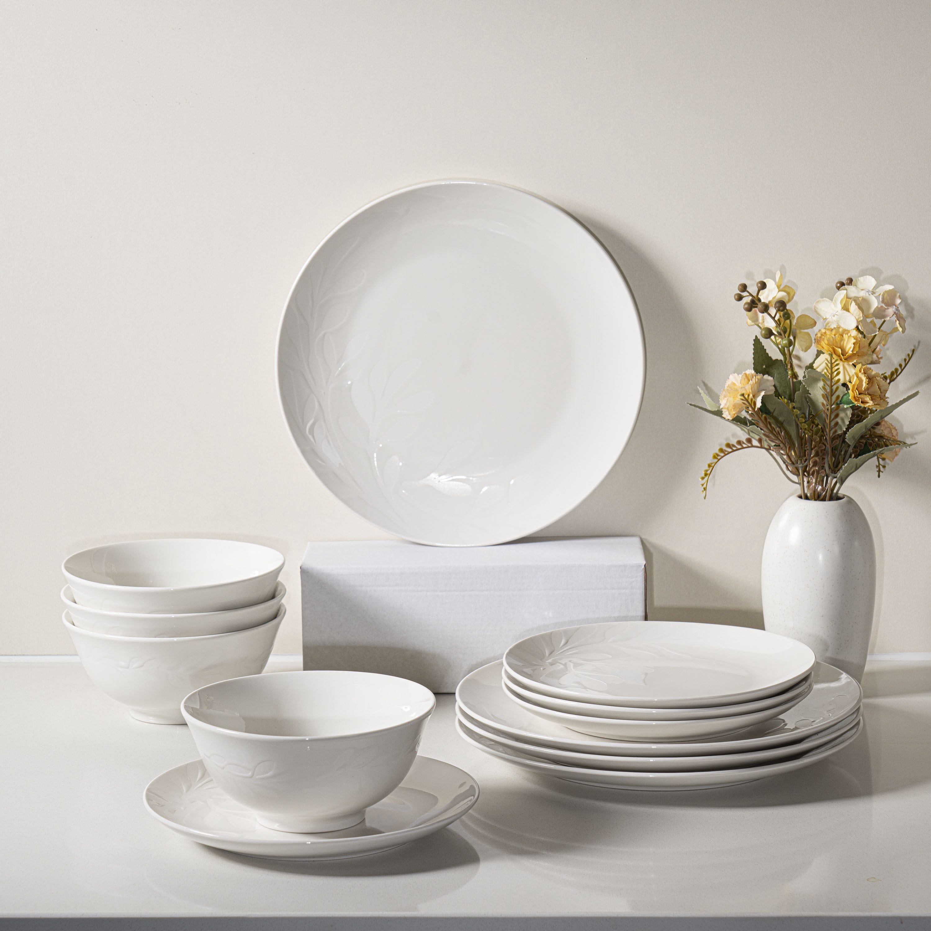 Mainstays Emelie 12-Piece Stoneware Dinnerware Set, White