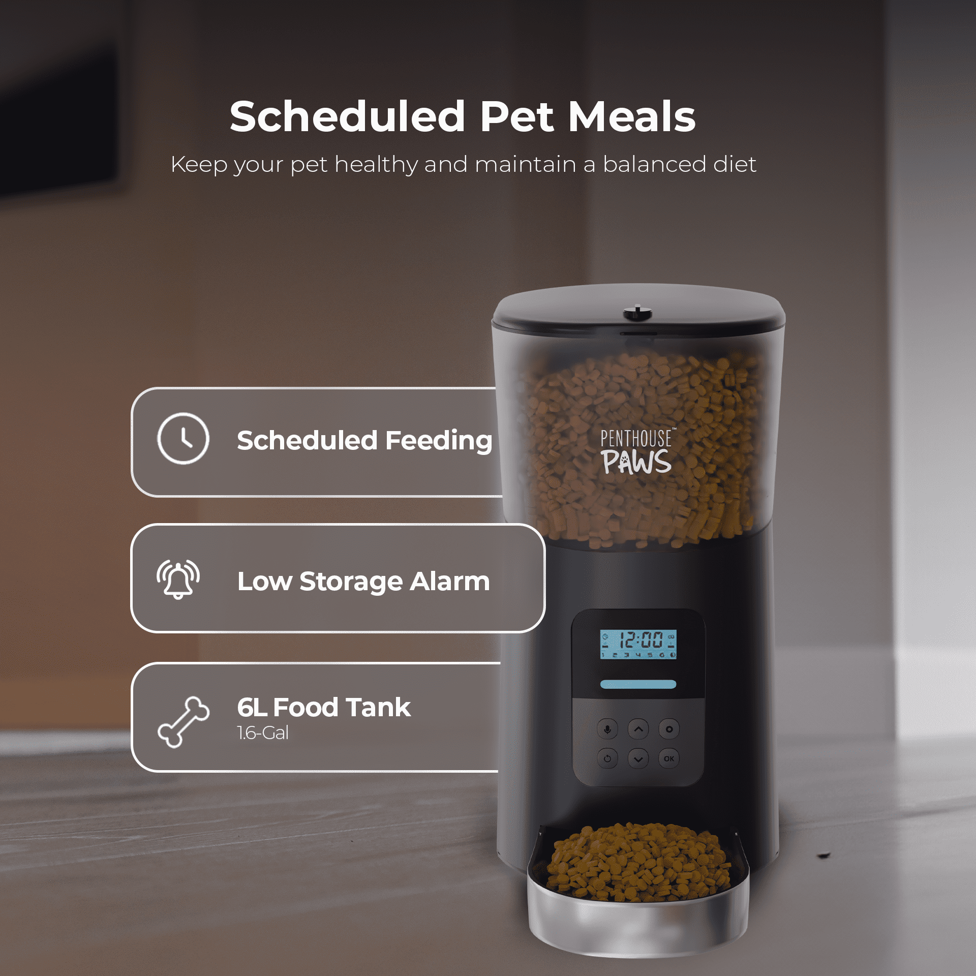 Penthouse Paws Automatic Cat Feeder with LCD, Twist-Lock Storage, Anti-Jam, Voice Meal Call, Battery Backup, Stainless Steel Bowl, Up to 15 Daily Meals, Single Tray 6L for Cat & Dog, Black/ Stainless