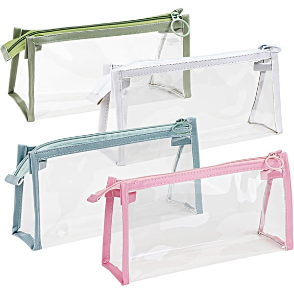 4 Pcs Pencil Cases Pen Pouch Clear Transparent Marker Pouch with Zipper, Exam Pencil Storage Bag Travel Cosmetic Makeup Bag, Stationery Toiletries Organizer for Students Adults Teen
