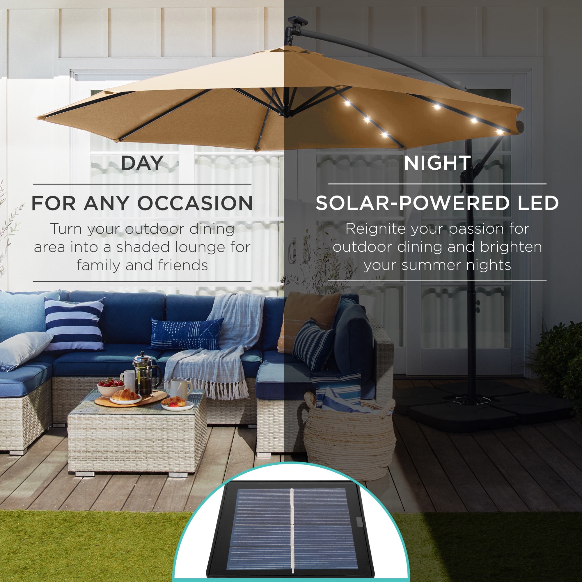 Best Choice Products 10ft Solar LED Offset Hanging Outdoor Market Patio Umbrella w/ Adjustable Tilt - Sand