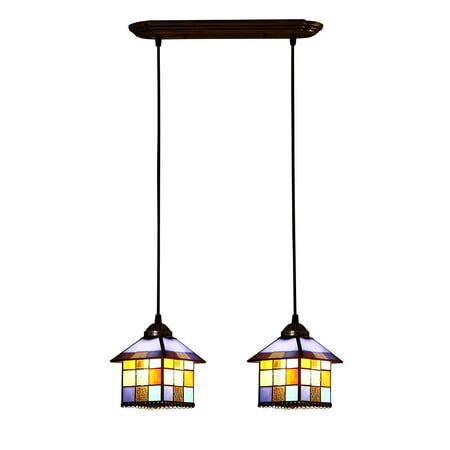 Geometric Stained Glass Chandelier Bieye L10198 17-inches Mediterranean Tiffany Style Stained Glass Ceiling Pendant Fixture with 2-Light Chandelier ()