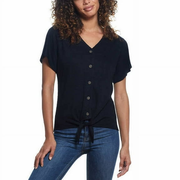 Weatherproof Vintage Ladies' Tie Front Top V-Neck (Black, Small)