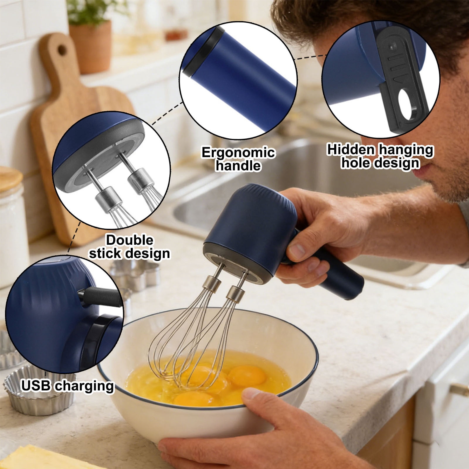 Powerful Cordless Hand Mixer with Rechargeable Battery Multi-Speed Electric Whisk Egg Beater Portable Handheld Mixer for Baking Purees Food Prep Twin Stick Self-Control for Pancakes