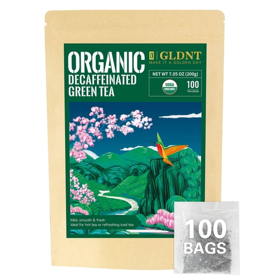 GLDNT Decaf Organic Green Tea Bags, Decaffeinated Green Tea, Smooth Flavor, Super Antioxidant, 100 Count