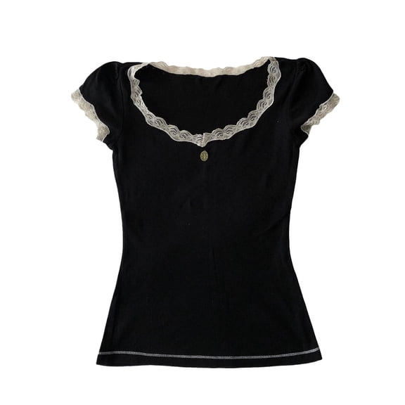 LMLYSoH Women's Solid Color Tops, Summer Short Sleeve Lace Trim Round Neck Slim Fit T-Shirts