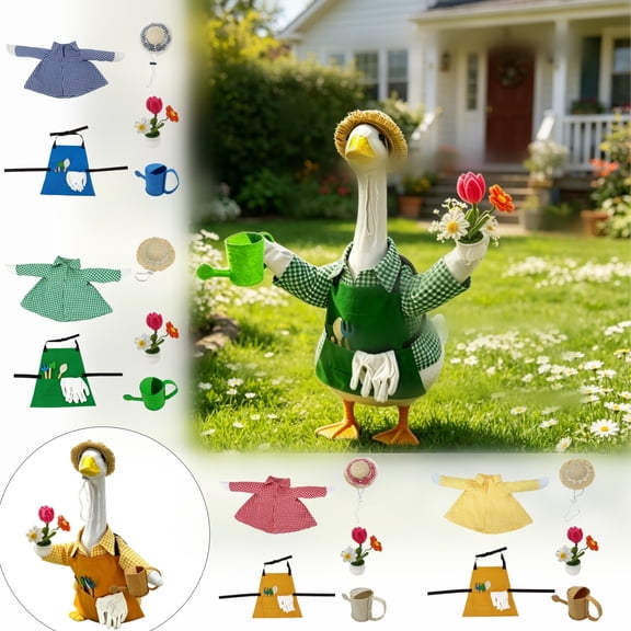 Cute Porch Goose Summer Outfit Gardening Costume Set, Blue Gingham Dress Apron with Hat and Flower Pot Accessories for 19-23 Inch Porch Goose Clothes Garden Decor