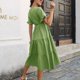 thumbnail image 4 of Vestido largo de mujer con cuello en V, manga corta, dobladillo con volantes, vestido casual de color puro para uso diario, 4 of 7