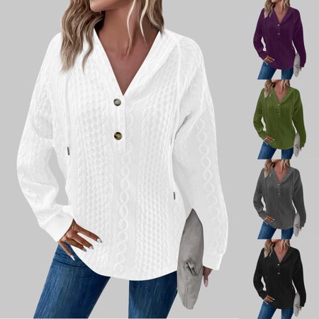 Swuxness Women s Hooded Sweatshirts Jacket Women Long Sleeve Coat Women s Solid Color Cable Knit Ribbed Hooded Button Loose Comfortable Soft Sweatshirt Dark Gray M