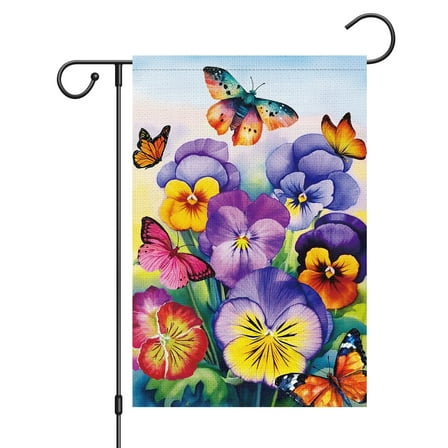 VOCHIC Welcome Spring Garden Flag 12x18 Double Sided Vertical, Burlap Small Butterfly Pansy Floral Hello Garden Yard House Flags Outside Outdoor House Spring Summer Decoration (ONLY FLAG)