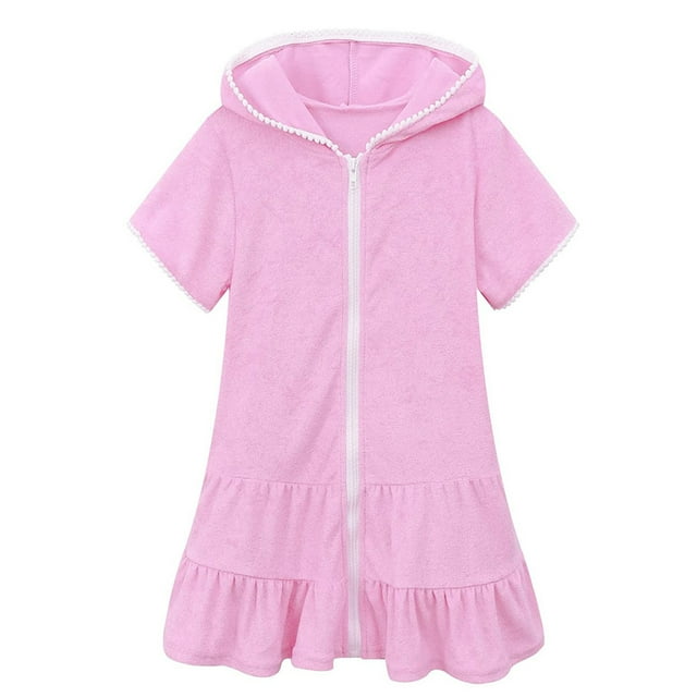 Robes pour Filles Couverture de Bain Fermeture Éclair Ensemble de Plage Peignoir à Capuche Robe Absorbante pour Filles Rose 3-4 Ans