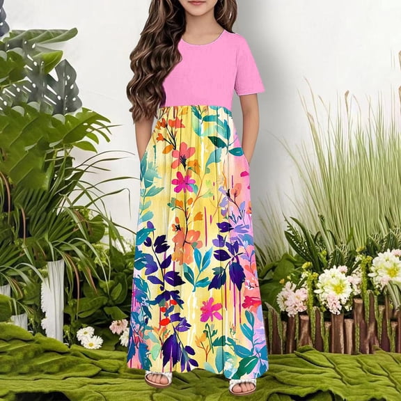 Riecok Girls Floral Print Short Sleeve Summer Casual Long Dress for Tween Big Kids (4-14 Years) Round Neck with Pockets Comfortable Outfit Pink 7 Years