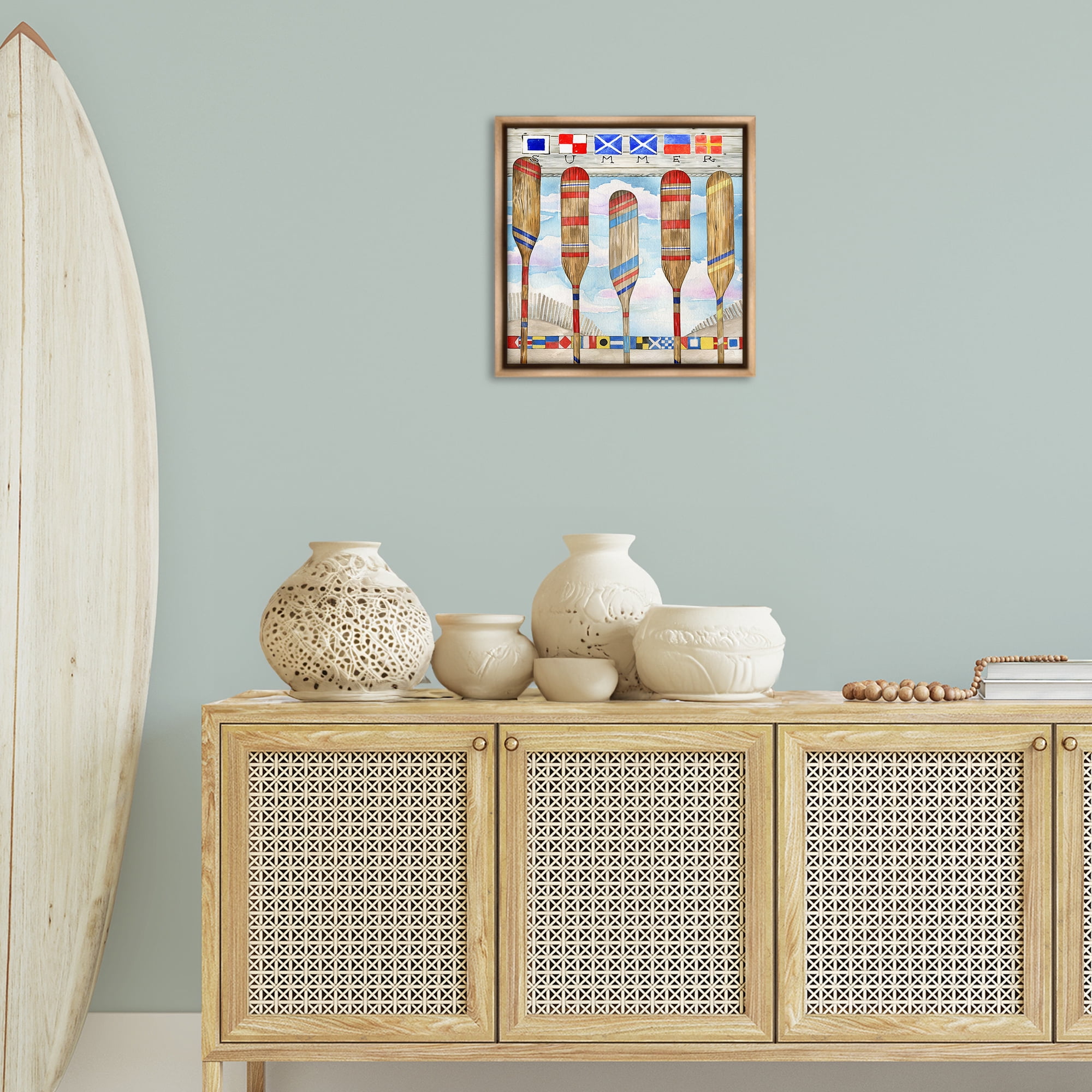 Stupell Industries Maritime Summer Paddles Nautical & Beach Painting Brown Floater Framed Canvas Art Print Wall Art, 18 x 18