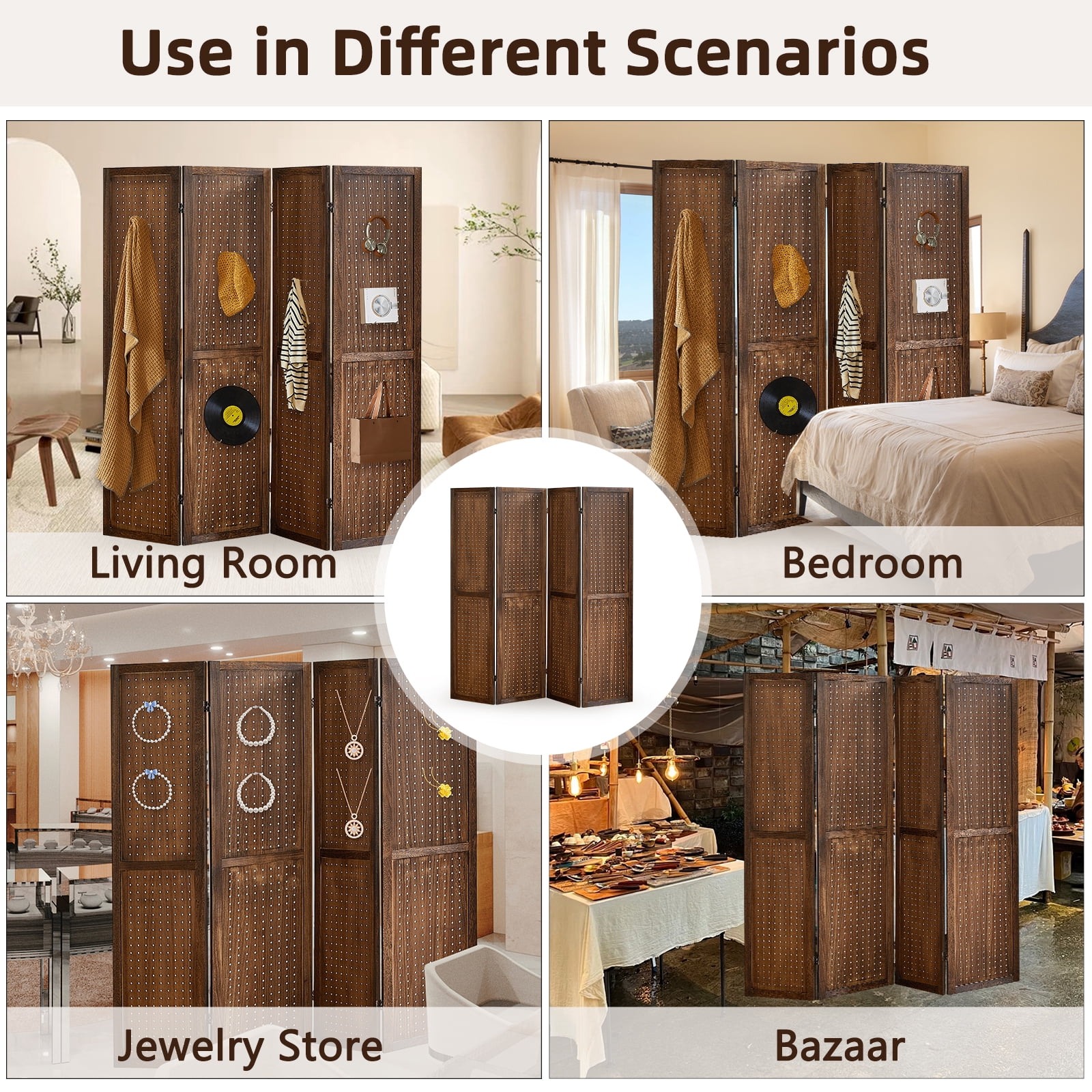 Aletheiawu 4 Panel Display with 16 Hooks, Wood Room Divider Wall, No Installation, Dark Brown