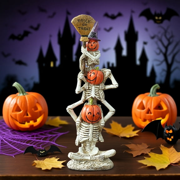 Taicans Halloween Skeleton Stack Figurine with Pumpkins & Trick or Treat Sign - Smiling Pumpkin Pile,Spooky 3D Resin Decor for ,Party,Mantel,Shelf - Spooky Halloween Decorations,12.6in