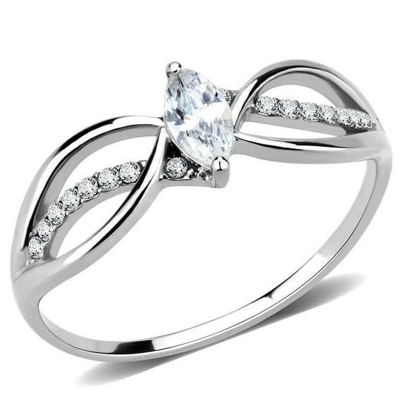 Womens Silver Rings High polished (no plating) 316L Stainless Steel Ring with AAA Grade CZ in Clear DA262