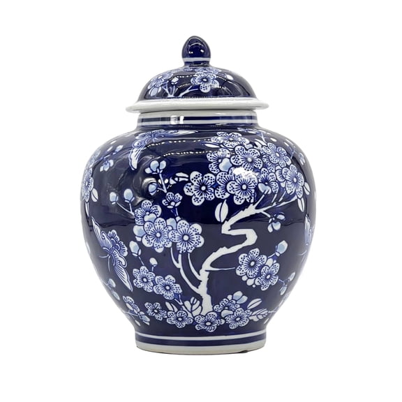 Dark Blue Ceramic Chinoiserie Ginger Jar 10"