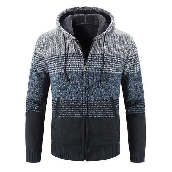 Ketyyh-chn99 Men's Flannel Jacket Men's Hooded Stripes And Velvet Padded Warm Cardigan Knitted Jacket Coat Grey,3XL