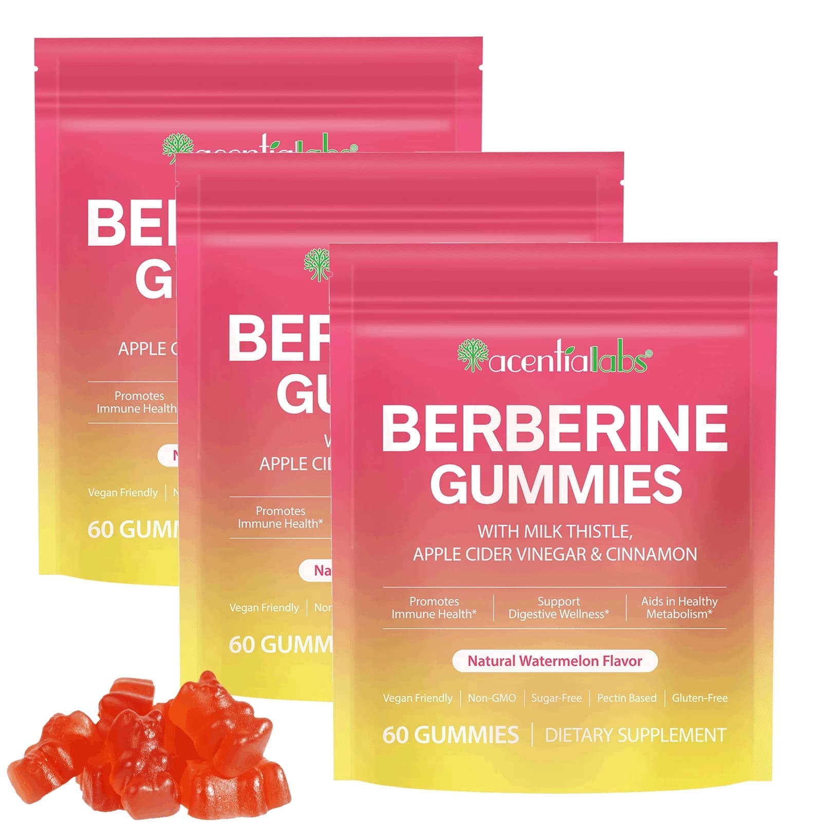 Berberine Gummies 1000mg - Natural Organic Berberine HCL Supplement - Vegan, Non-GMO, Gluten-Free - Watermelon Flavor - 3Pack