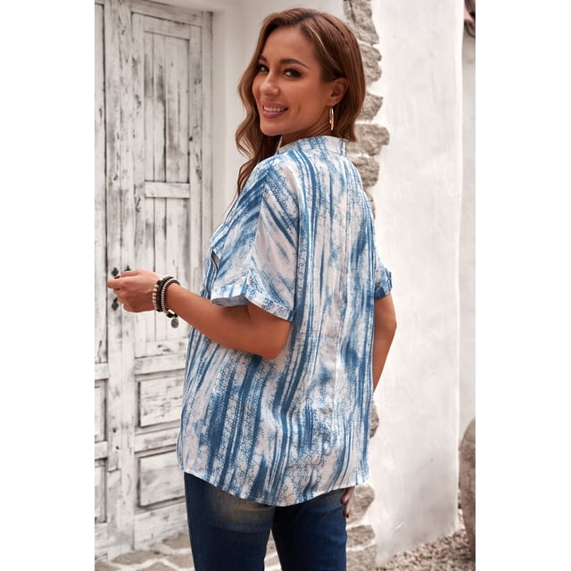 ABPHQTO Blusa de Mujer Celeste Bolsillo Estampado Manga Corta