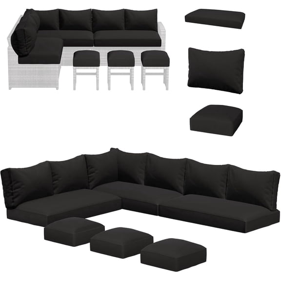 AECOJOY Outdoor Patio Furniture Cushions, 4-Inch Memory Foam Replacement Cushions for 7-Seat Sectional Wicker Conversation Set, Black