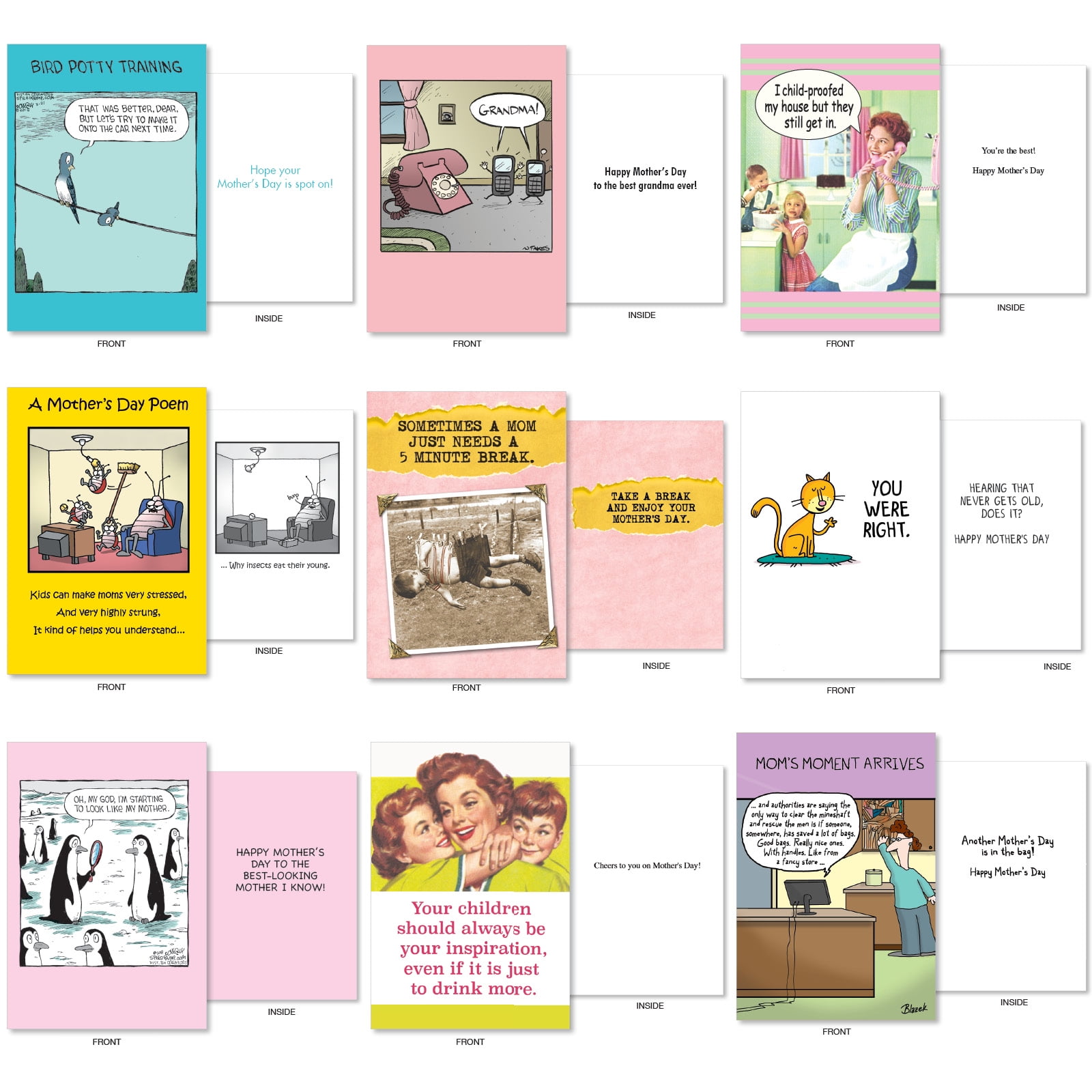 NobleWorks 36 Assorted Box Set Funny Mother's Day Greeting Cards w/5 x 7 Inch Envelopes (36 Designs, 1 Each) Mom Top Moms AC10242MDG-B1x36