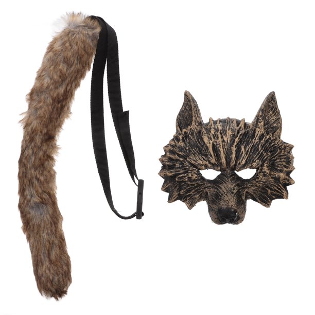 BRIGHTFUFU Conjunto de disfraz de hombre lobo con máscara de lobo y cola para accesorios de disfraces de fiesta de Halloween Máscara y cola de animal realista para adultos y niños