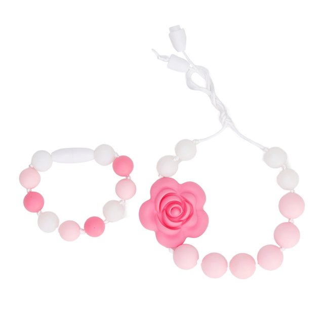Colgante en forma de rosa para bebé, collar de dentición masticable, pulsera de dentición con cuentas de silicona, anillo de juguete para bebé