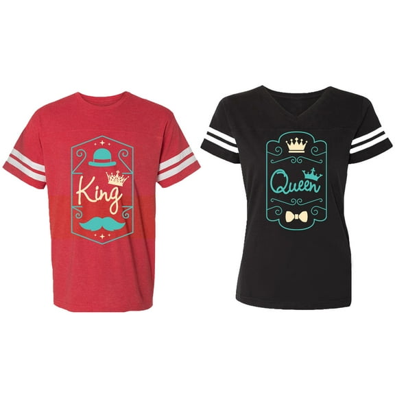 King Queen Pentagon Emerald Gold Matching Couple Cotton Jerseys (Men Red / Women Black) (Men S / Women S)