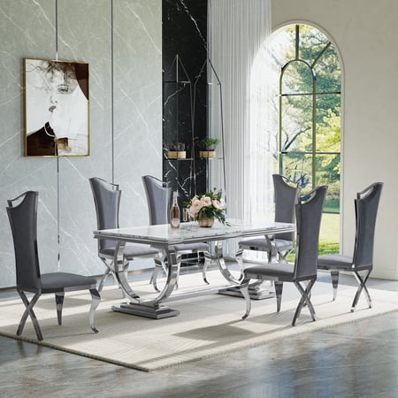 Modern Faux Marble Dining Set Rectangular Table with Marble Veining Stainless Steel Double O Base & High Back Upholstered Chairs; Kitchen & Dining Furniture Set for 6