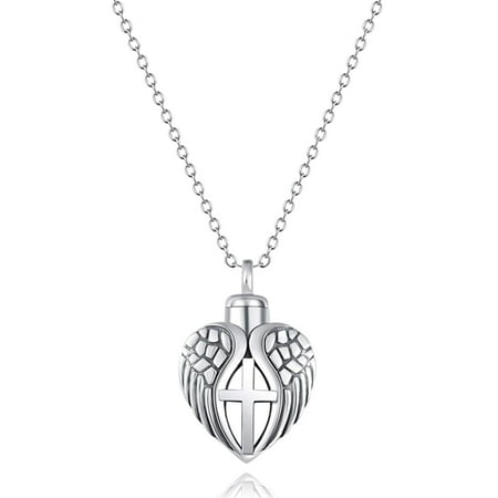 PWFE Titanium Angel Wing Cross Heart Locket Crystal Pendant Keepsake Necklace Memorial Jewelry