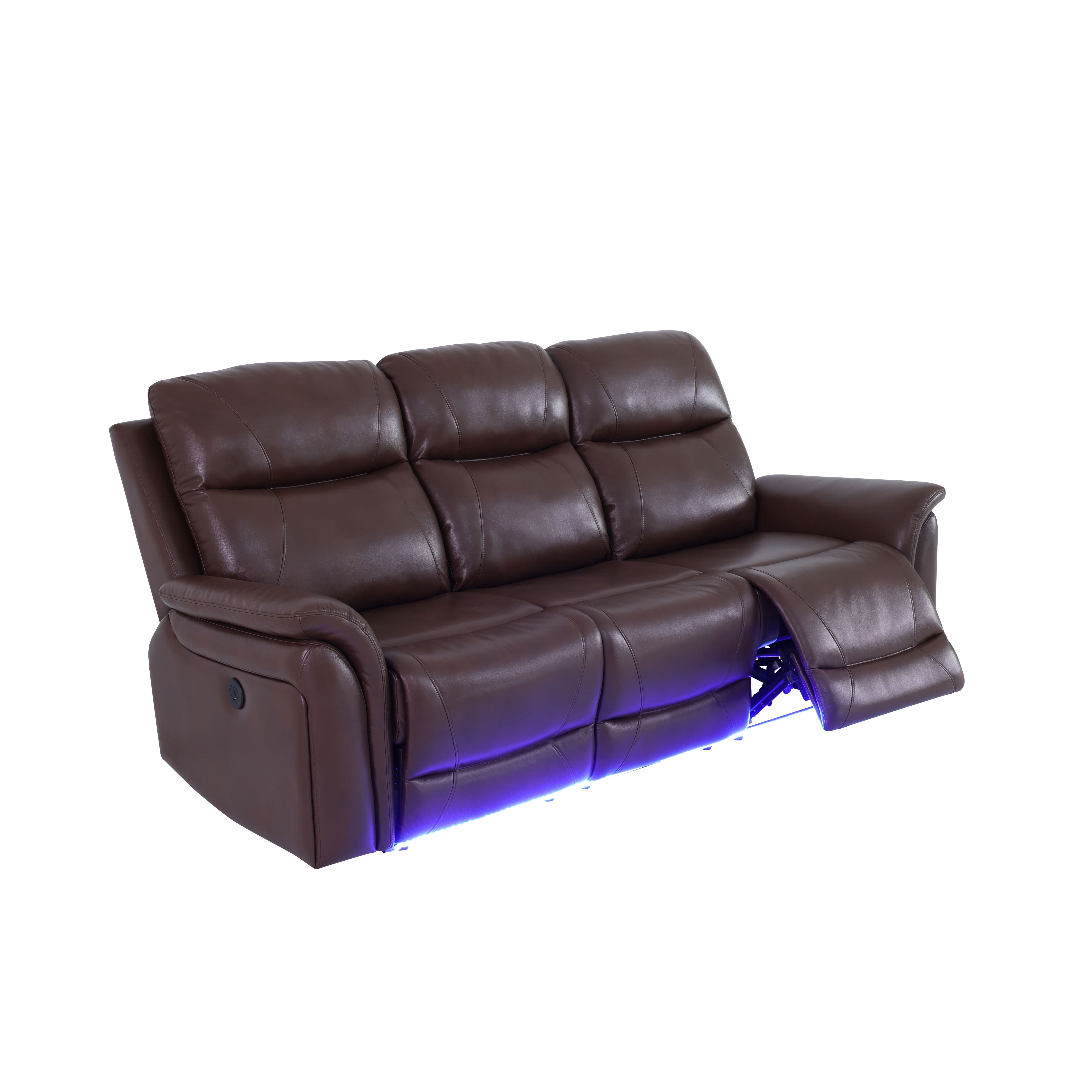 MAYEERTY Power Reclining Sofa, Electric 3-Seat Breathable Leather Recliner with USB Charging, Reversible Table & LED for Living Room, Reddish Brown