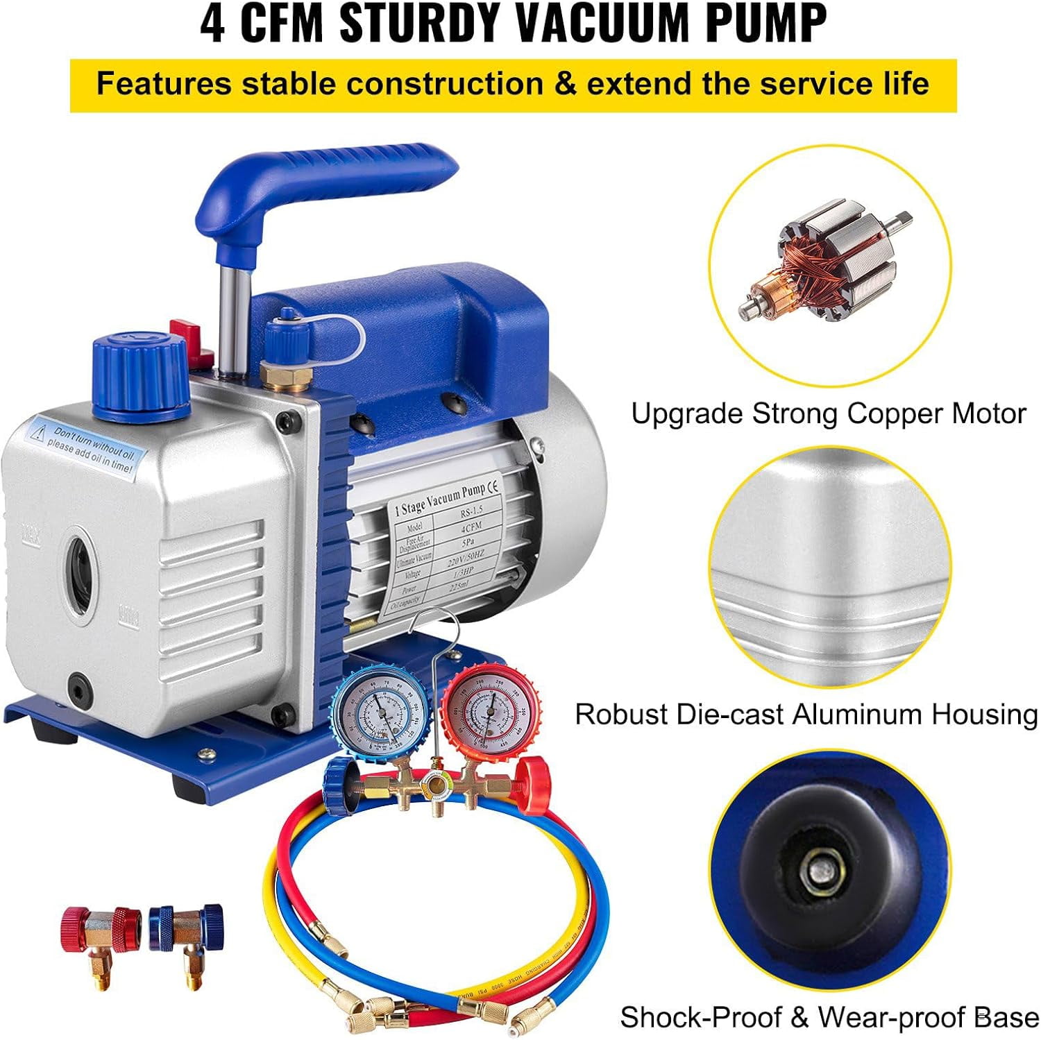 SIHAO 1/4 HP 4 CFM Single Stage Rotary Vane Air Vacuum Pump and AC Manifold Gauge Set Kit for HVAC Air Conditioning Refrigeration Recharging